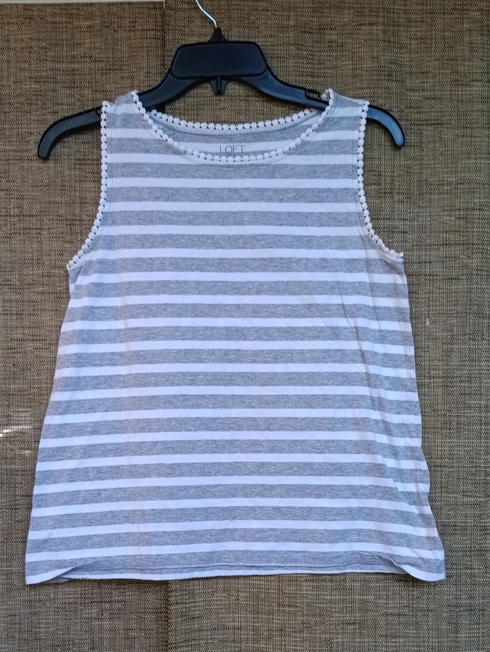 LOFT Gray and White Striped Pom-Trim Tank